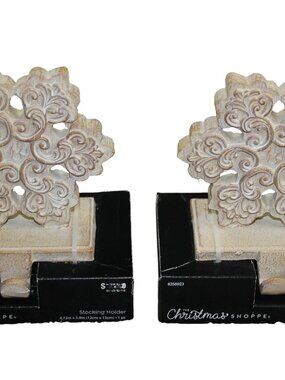 The Christmas Shoppe Snowflake Stocking Holder Set Hanger Tan White NEW